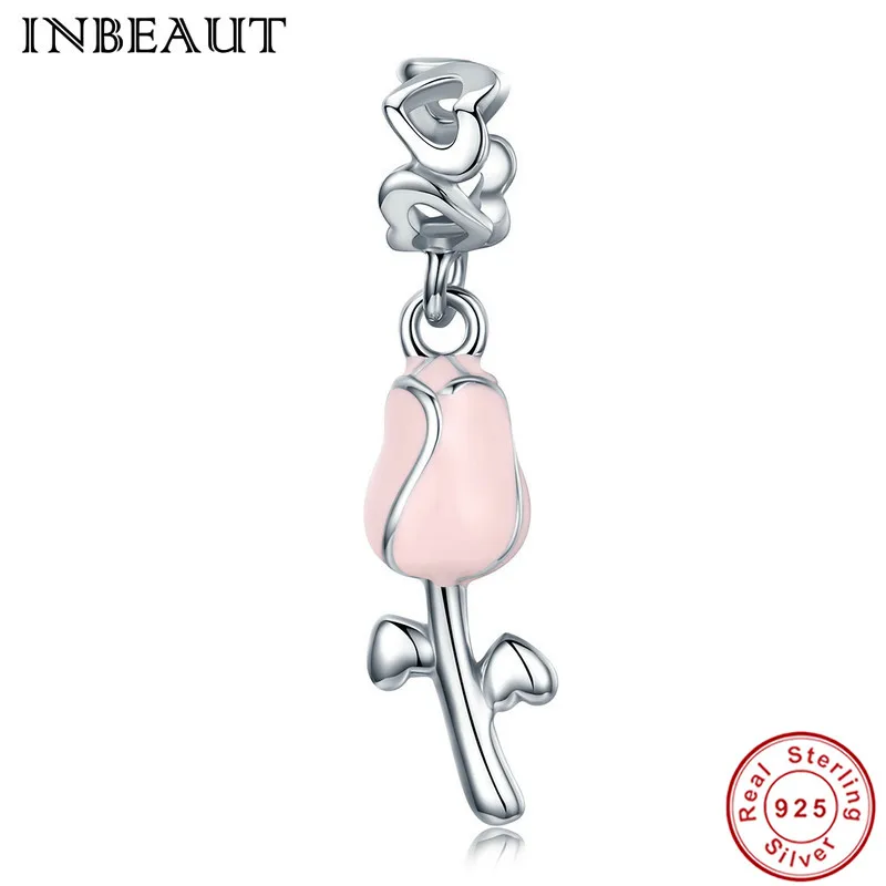 

INBEAUT Lovely Pink Rose Necklace Pendant 925 Sterling Silver A Cute Flower Love Heart Charm Beads fit Pandora Bracelet Women
