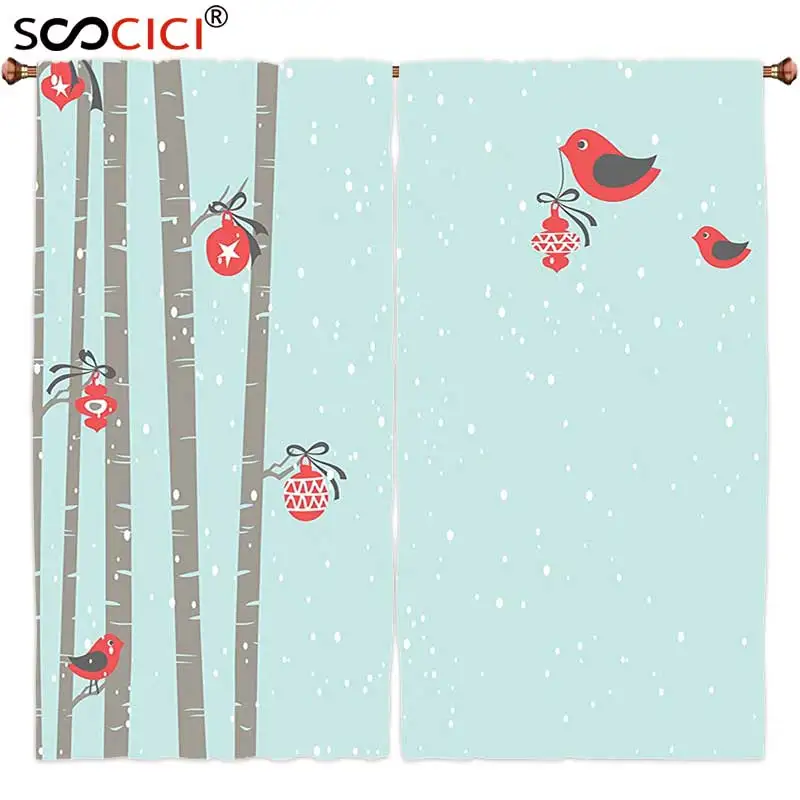 

Window Curtains Treatments 2 Panels,Christmas Decorations Collection Cute Red Birds Decorating Tree Snowy New Year Inspiration