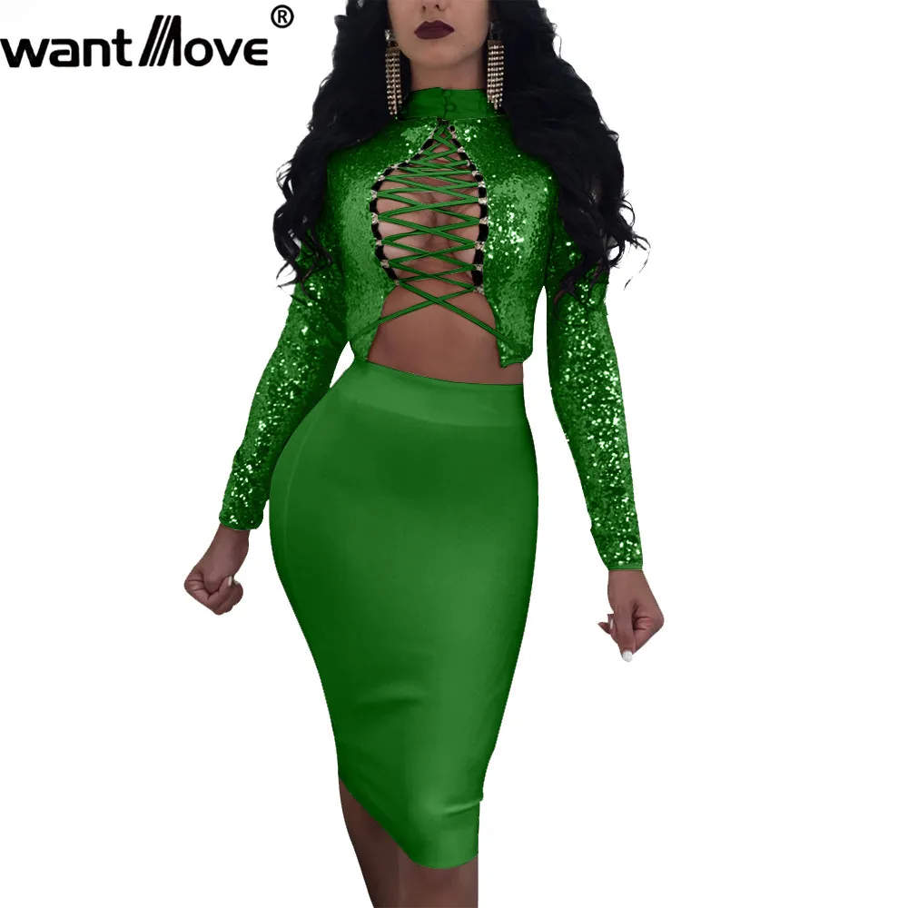 

Wantmove Women Sexy Sequins Lace Up Dress 2018 Fashion 2 pieces Turtleneck Vestidos Elegant Sexy Club Party Midi Dresses JZ171