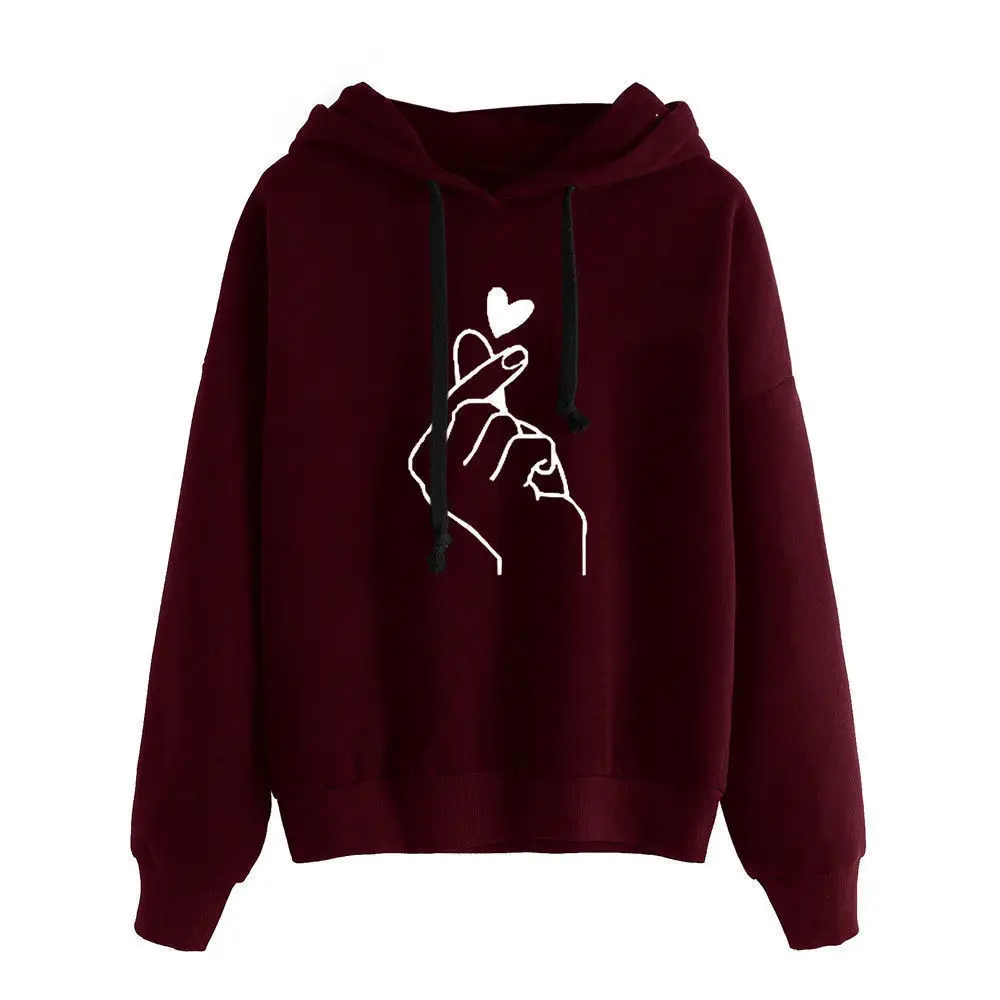 Women Heart Printing Hoodies Autumn Long Sleeve Sweatshirt Casual Pullover Hoodie Tops Jumper Oversized Hoodies - Цвет: wine red