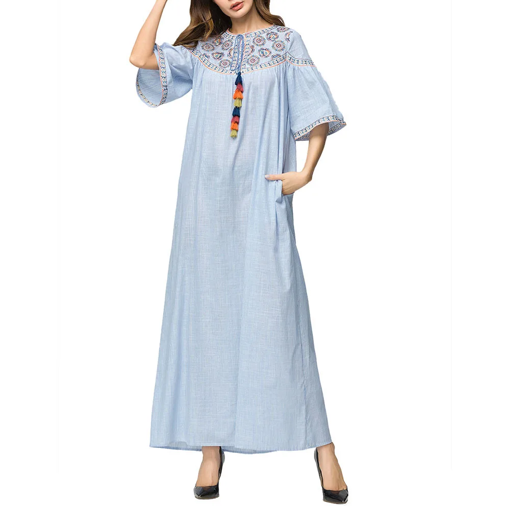 Для женщин мусульманские Abayas вышивка голубое летнее длинное платье Кафтан