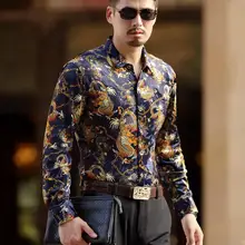 Топ моды Мода Дракон узор шелковые мужские рубашки на лето и весну бархатная рубашка тонкий сексуальное платье рубашки Прямая