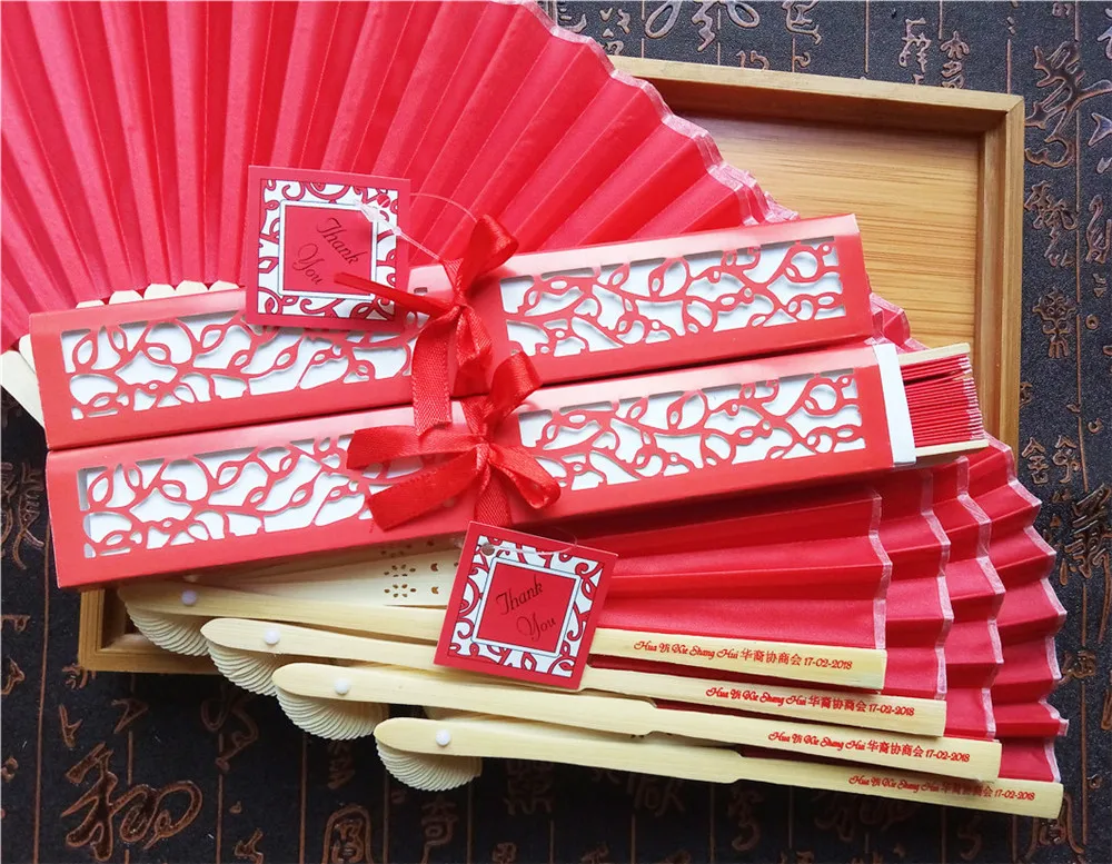 30 pcs/lot Personalized Luxurious Silk Fold hand Fan in Elegant Laser-Cut Gift Box+Party Favors/wedding Gifts+printing