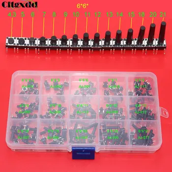 

cltgxdd 15models 150pcs 6*6 Light micro Tactile Push Button switch Kit Height: 4.3mm - 21mm DIP 4pin 6 x 6 touch ON / OFF switch