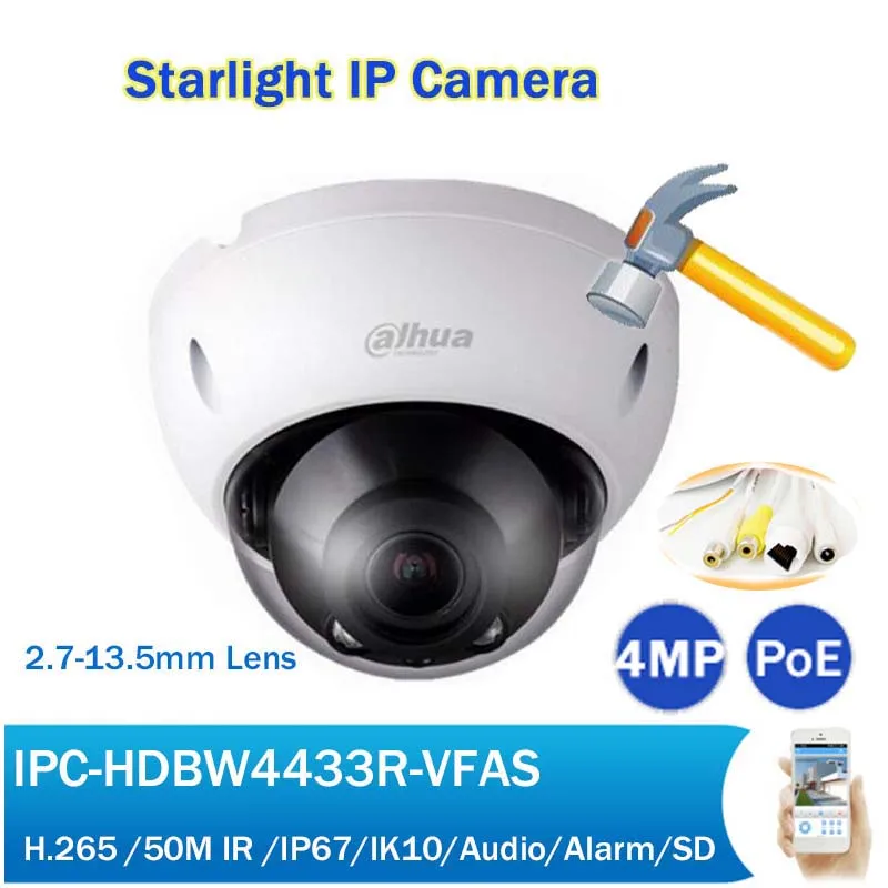 

DH IPC-HDBW4433R-VFAS 4MP Starlight IP Camera 50M IR 2.7-13.5mm Manual Varifocal CCTV PoE Network Camera with SD Slot
