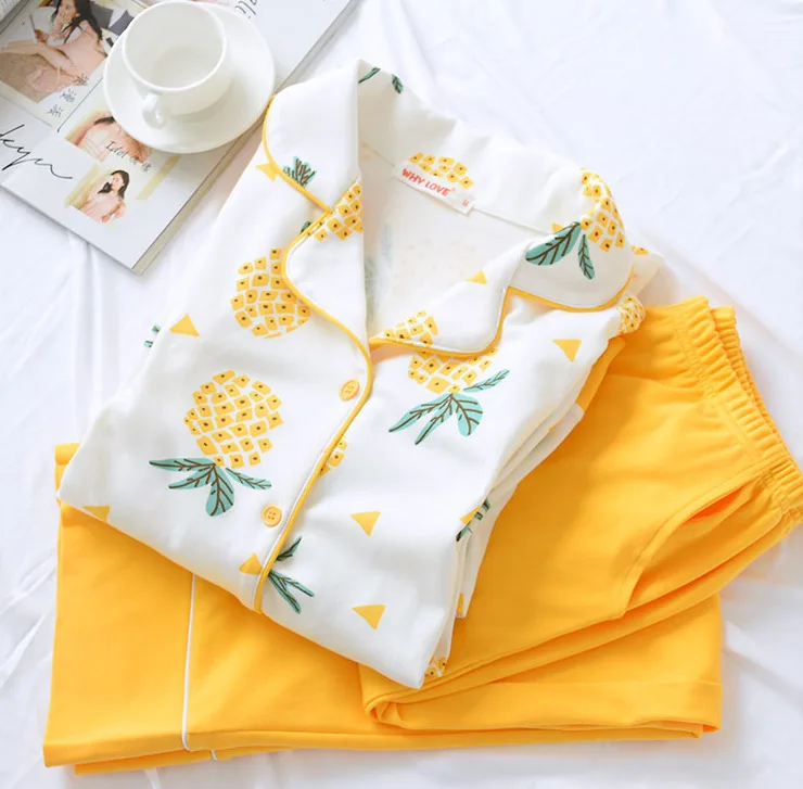 Новинка весны 100% чесаный хлопок пижамы для девочек для женщин Повседневное качество с длинным рукавом свежий ананас