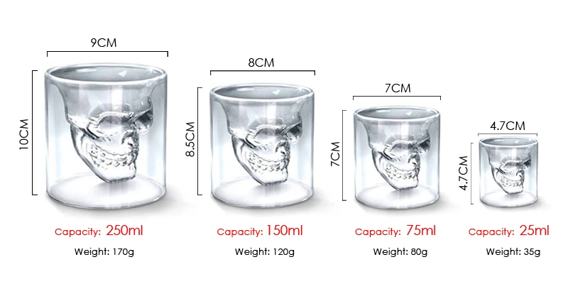 4 шт., стеклянная пивная кружка с черепом, винный бокал кружка, Хрустальная чашка для виски, водки, кофе, 25 мл, 75 мл, 150 мл, 250 мл, подарок на Хэллоуин