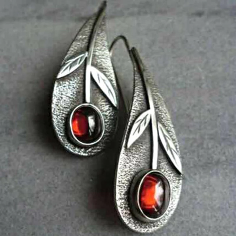 Vintage Pendientes Metal Antique Silver Leaf Drop Earrings Boho Ethnic Red Resin Stone Women Earrings Oorbellen Gifts Z3D240