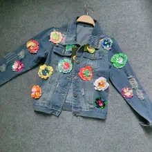 Новая весенняя и Летняя женская короткая джинсовая куртка ручной работы с блестками