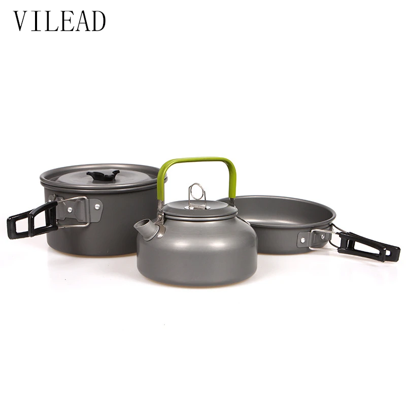 Pаспродажа VILEAD Портативный Кемпинг Пот Пан чайник Набор Алюминий сплав Походная посуда 3 шт. компл. чайник Пособия по кулинарии инструмент для пикника ...