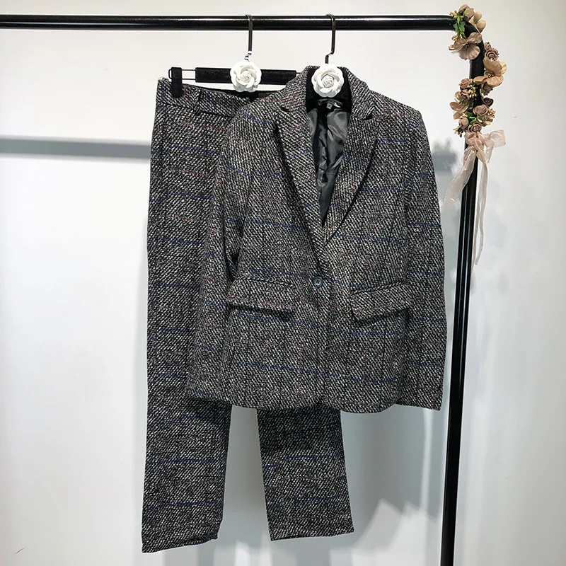 2018 Autumn Europe Style Female Plaid Blazer&Pant Suit 2 Pieces Set Women BF Slim Full Sleeve Coat Long Trouser Elegant OL Lady