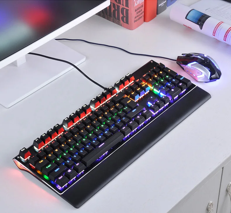 

ALLOYSEED Gaming Mechanical Keyboard Wired 104 Keys Blue Switch Mechanical Keyboard with Wrist Rest + Mouse Kit