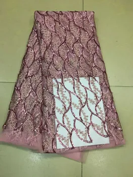 

2018 lastest african lace fabric with pearl sequins 5yards sequin fabric high quality tulle sequins lace fabric for evening dres