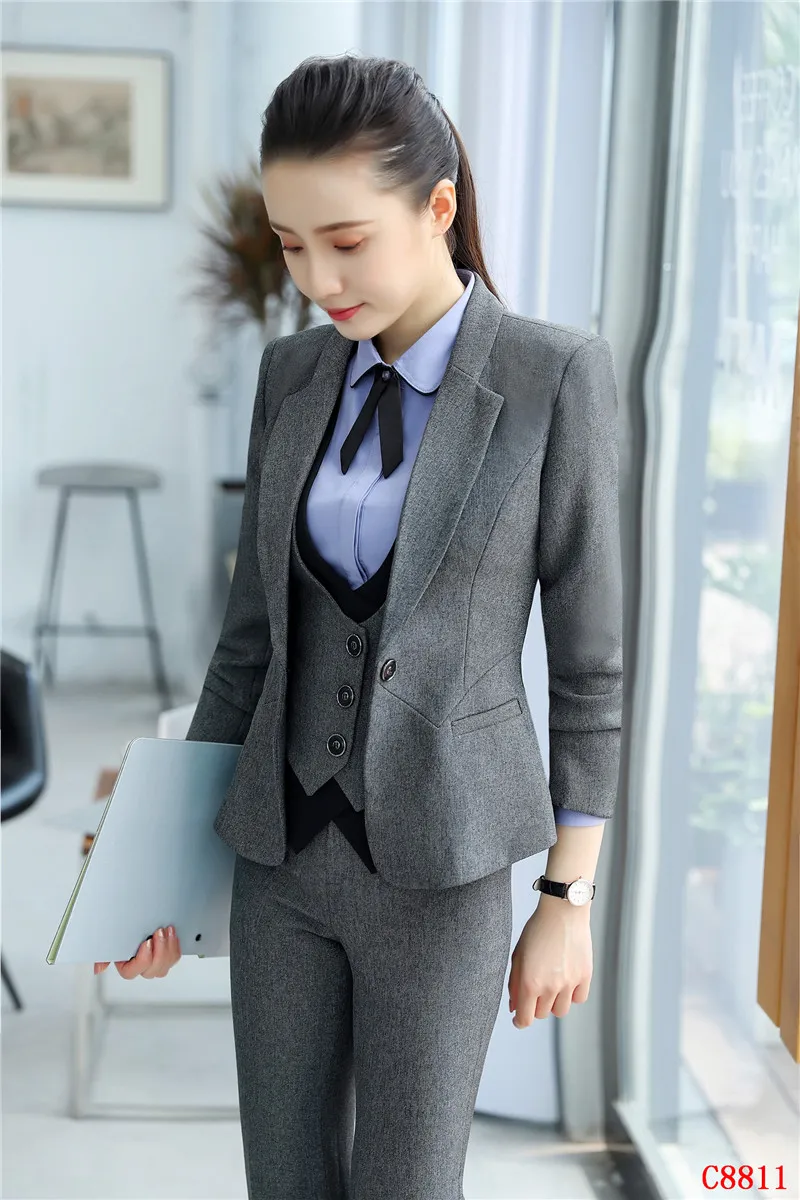 Fashion Formal Women Business Suits 3 Piece Vest, Pant and Jacket Sets Work Wear Ladies Grey Waistcoat OL Styles