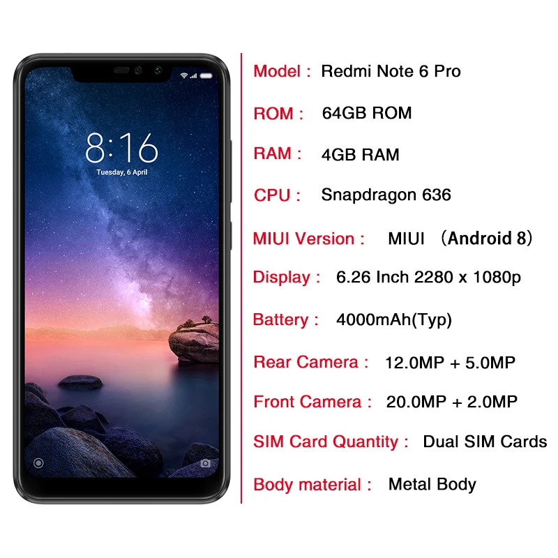 В наличии глобальная версия Xiaomi Redmi Note 6 Pro 3GB 32GB 26 &quotполный экран двойной AI Cam Snapdragon