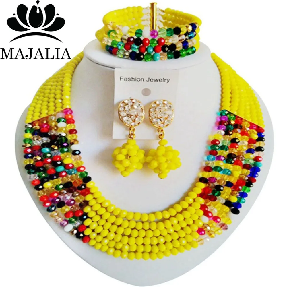 

Majalia Fashion Opaque yellow and Multicolors Nigerian Wedding African Jewelry Set Crystal Necklace Bride Jewelry Sets 6CF011