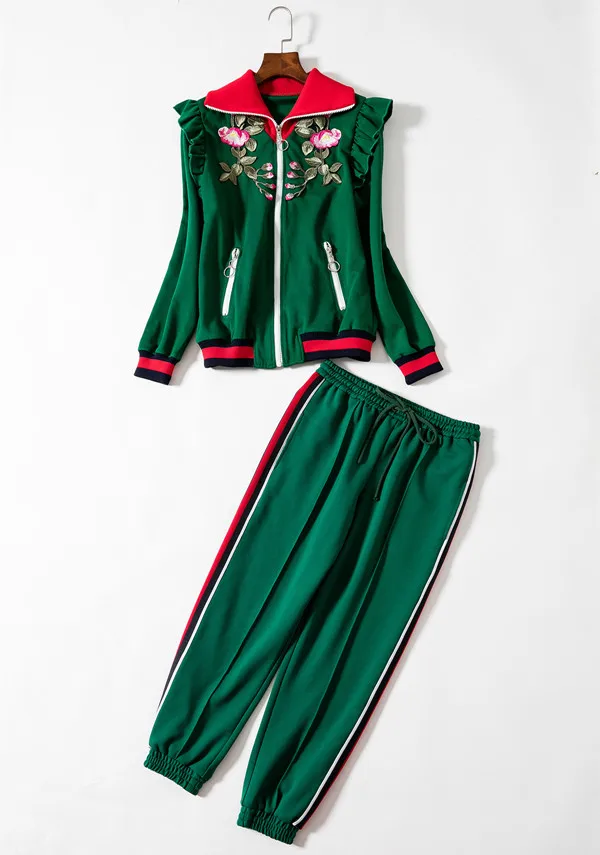 Европейский стиль, фирменный дизайн, женские штаны, Женская Осенняя куртка с аппликацией+ повседневные штаны, комплект из двух предметов, высококачественный костюм для отдыха, D741 - Цвет: Зеленый