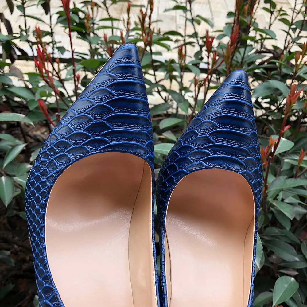 Veowalk Sexy Women Snake Skin Embossed High Heel Shoes Italian Style Navy Blue Fashion Ladies Extremely High Stilettos Pumps
