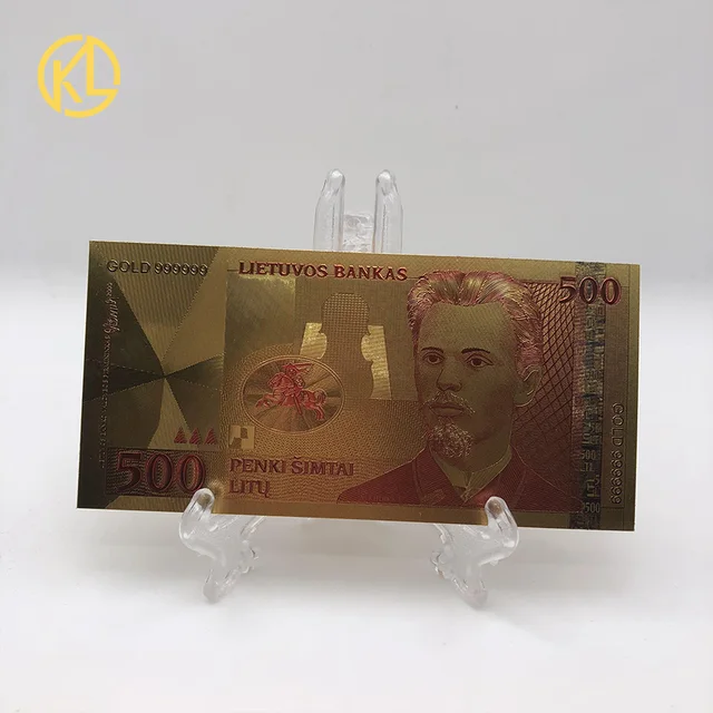 Plastic 24k Gold Banknote Currency Republic of Lithuania 500 Litas