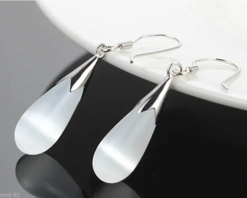 

FREE SHIPPING>>> Free shipping Pair White Cat Eye Stone 925 Sterling Silver Hook Teardrop Dangle Earrings