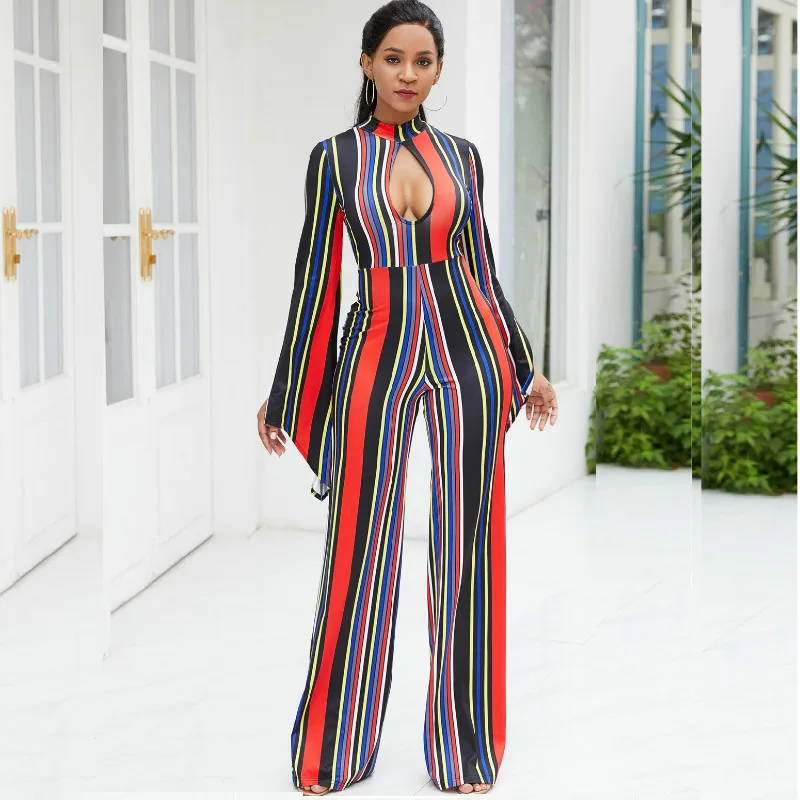 iRicheraf Women Jumpsuit Sexy Striped Casual Long Flare Sleeve Bodysuit Rompers Womens Overalls Costume Fashion Nova Woman