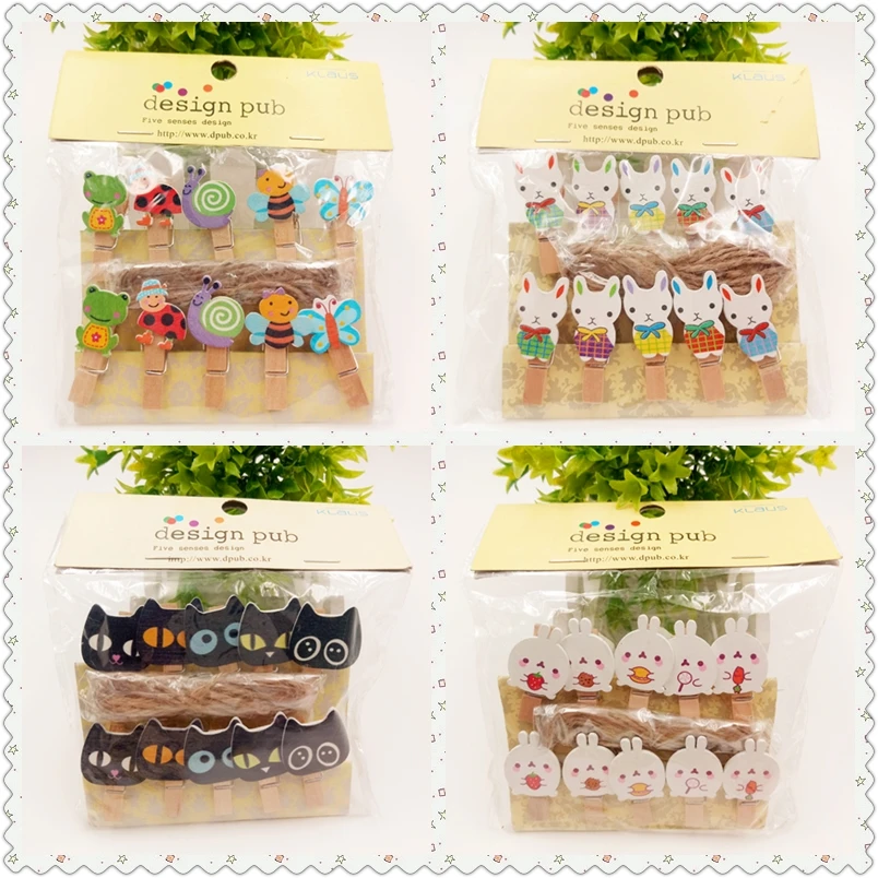 

10pcs Kawaii snails rabbit Wooden Clips Photo Paper Craft Memo Clip With Hemp Rope DIY Clothes Peg Message Stickers Decoration