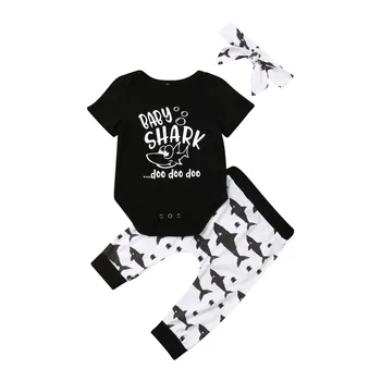 

Infant Newborn Baby Girls Boy Shark Short Sleeve Cotton Romper+Pants Headband 3PCS Outfit Summer Baby Clothes Set