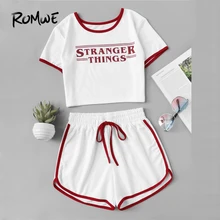 ROMWE футболка с контрастной отделкой и буквенным принтом с шортами, новинка, летний женский комплект из двух предметов, для фитнеса, стильные белые комплекты на завязках