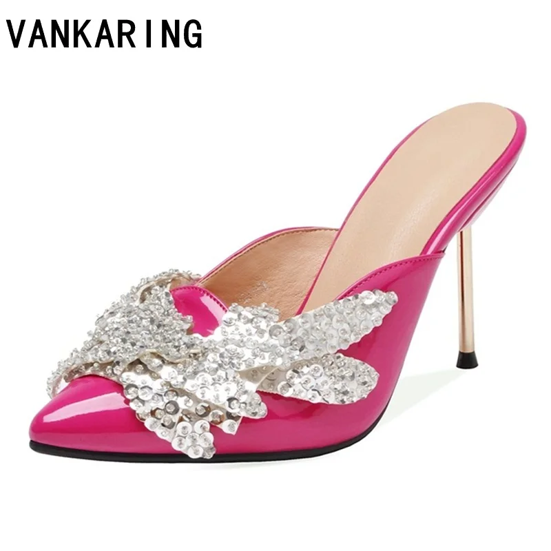 

New fashion pumps crystal party dress shoes summer high heels high quality leather sandals slipper black red wedding women shoes