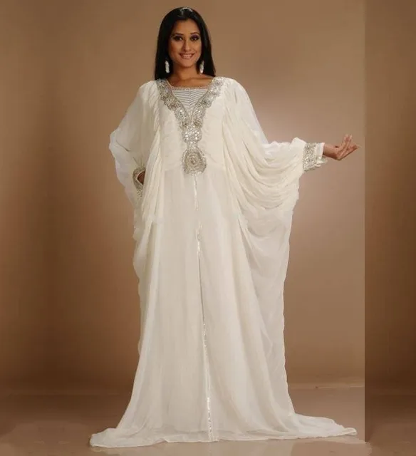2015 New Designer White Chiffon Arabic Dress Beaded Crystal Long Sleeve ...