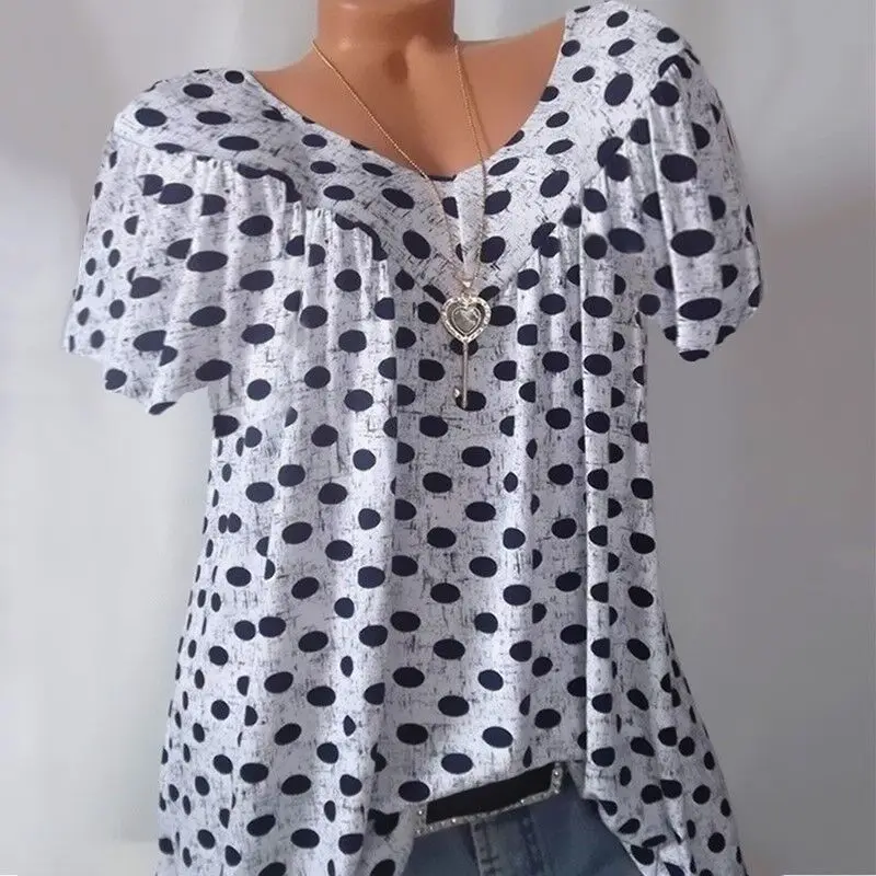 

2019 Autumn T Shirt Femme T Shirt For Women Casual V-Neck Blue Top Tee Shirt Female Short Polka Dot T-shirt Woman Tshirt Top