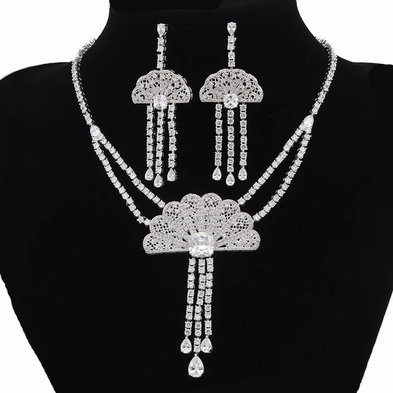 

Elegant Luxury Bridal Jewelry Sets For Women Fan Cubic Zirconia Statement Necklace Set African Jewelry Set For Party WS088