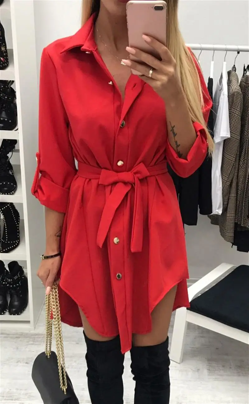 

Office Casual Mini Dresses Women's Spring Summer Dress Long Sleeve Turn Down Collar Dress With Belt WS4705V