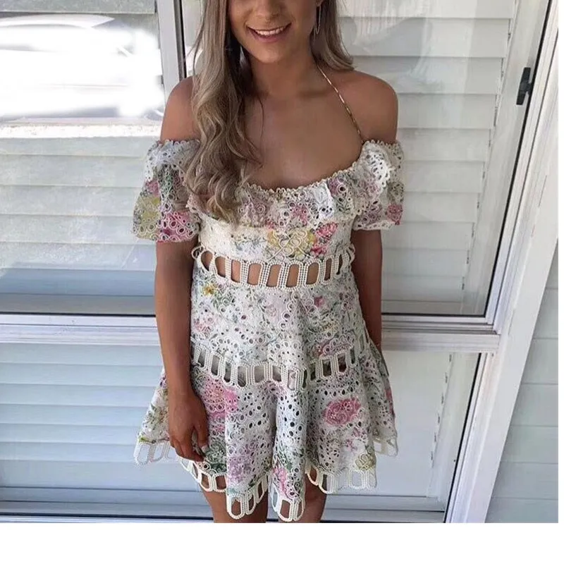 

2019 Summer Women Holiday Dress Short Sleeve Slash Neck Printed Dress Print Boho Short Hollow Out Lace Dress