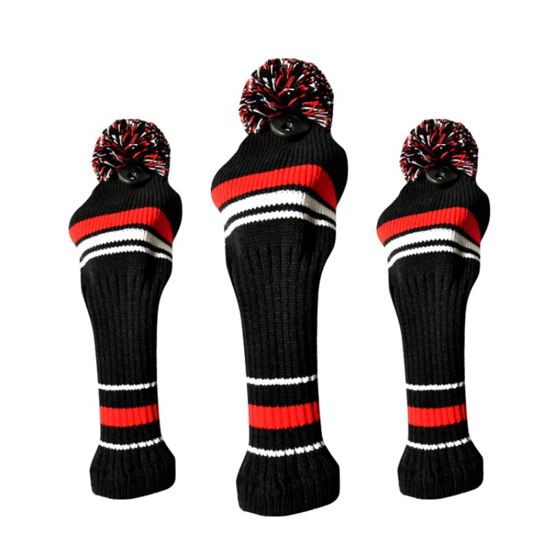 

Free Shipping Red And Black 3pcs/set Knitted Stripes Wool Driver Green Golf Club Head Cover Soft and Washable Wholesale
