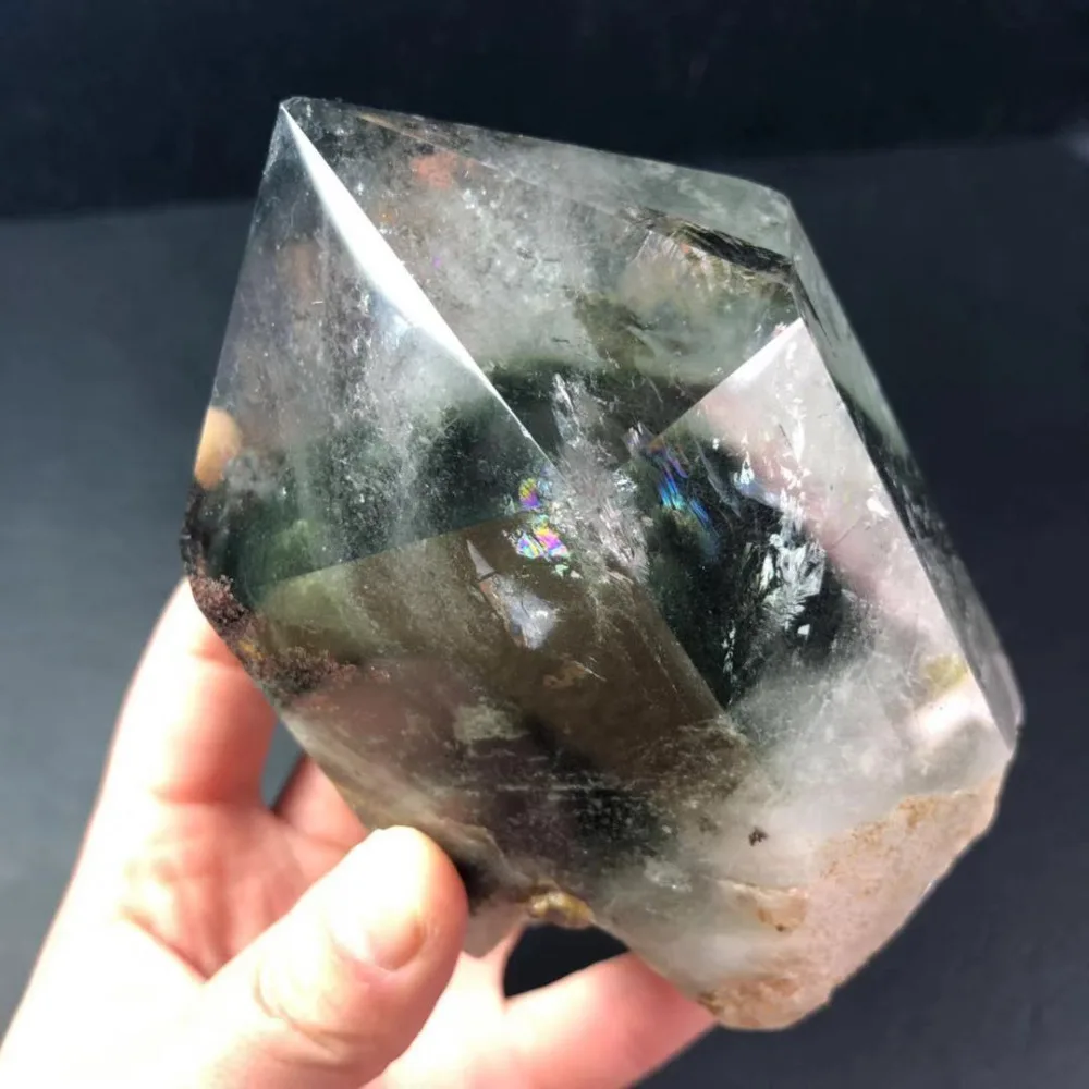 

0.8kg Unique BEAUTIFUL Rainbow!!! Natural Green Phantom Quartz Crystal Carving Healing Wand For Sale FMX