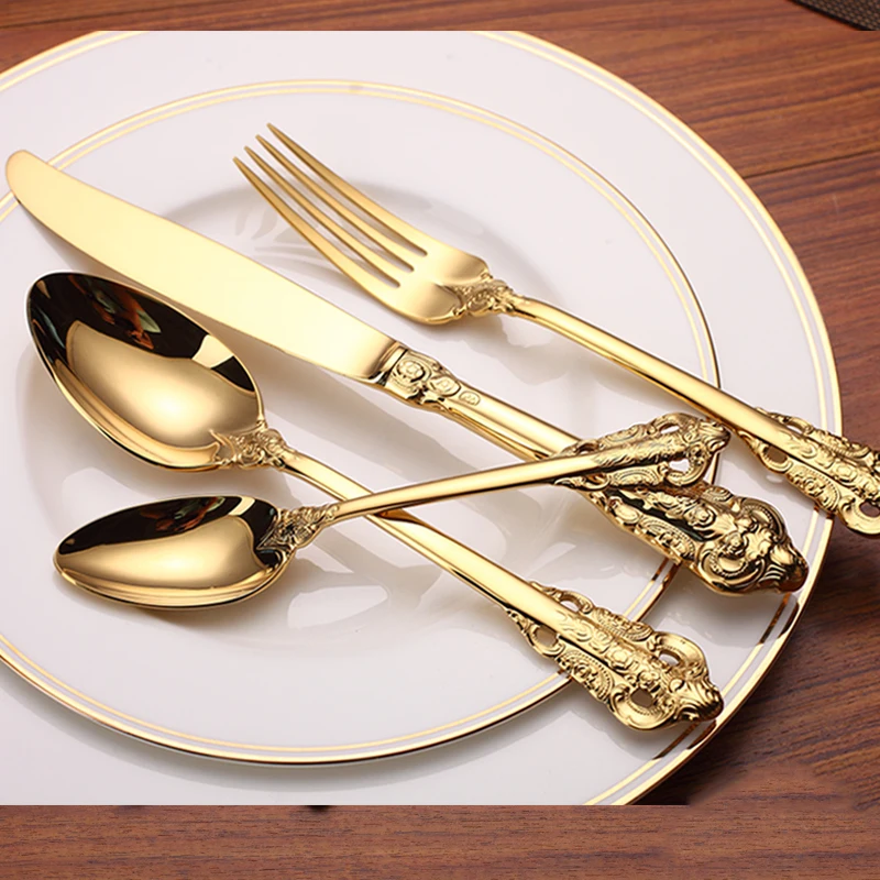 4 8 16 24pcs Luxury Golden Dinnerware Set Gold Plated Stainless 4 8 16 24pcs Luxury Golden Dinnerware Set Gold Plated Stainless Steel Cutlery Wedding Tableware Dining Knife Fork Tablespoon In Sets From Home
