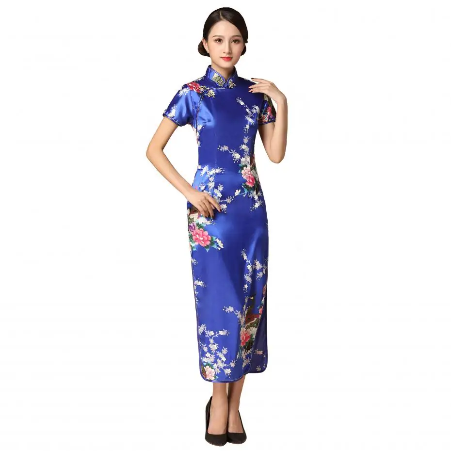 Royal Blue Rayon Chinese Qipao Women Sexy Dress Girls Print Flower Long ...