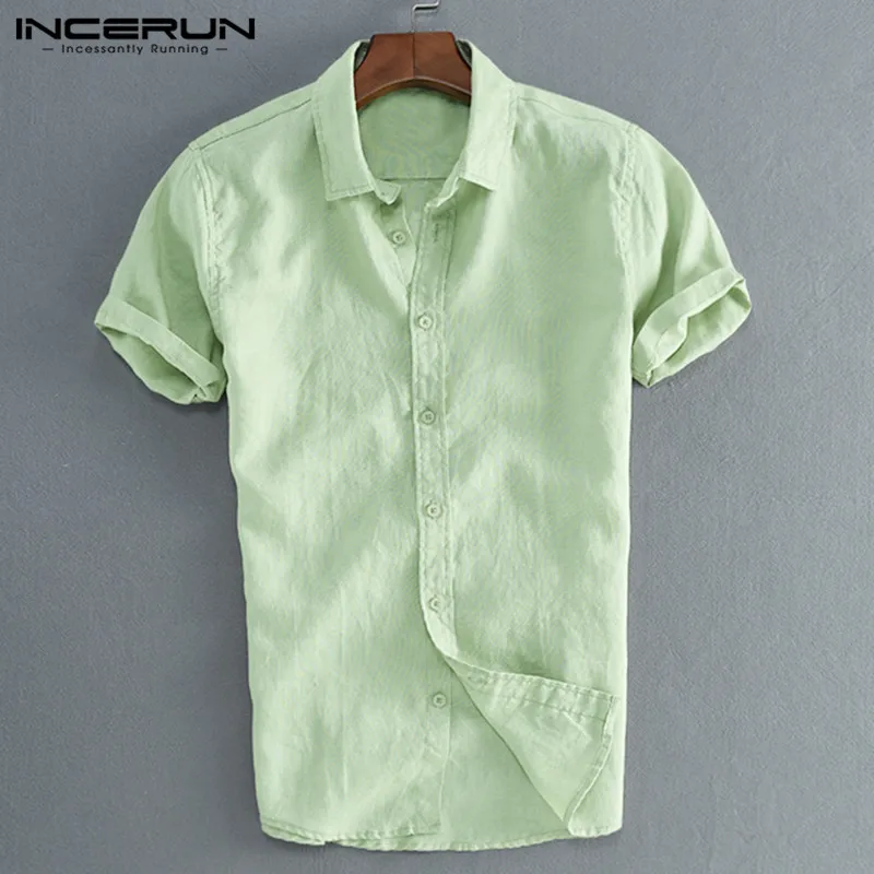 INCERUN, элегантные S-5XL мужские футболки, повседневные рубашки, мужские рубашки на пуговицах, с отложным воротником, приталенная мужская одежда - Цвет: Green