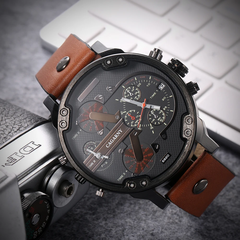 Comprar 52MM gran caja reloj de cuarzo para hombres elegantes relojes de pulsera para hombre resistente al agua doble hora muestra reloj militar masculino