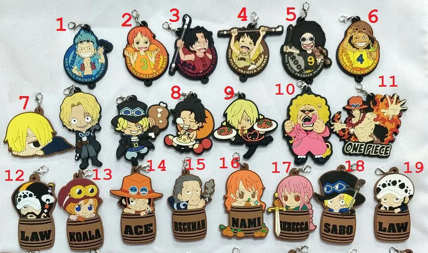 

New Arrival One Piece Luffy Ace Nami Sabo Boa Hancock Zoro Chopper Trafalgar Law Japanese Anime rubber keychain strap D164