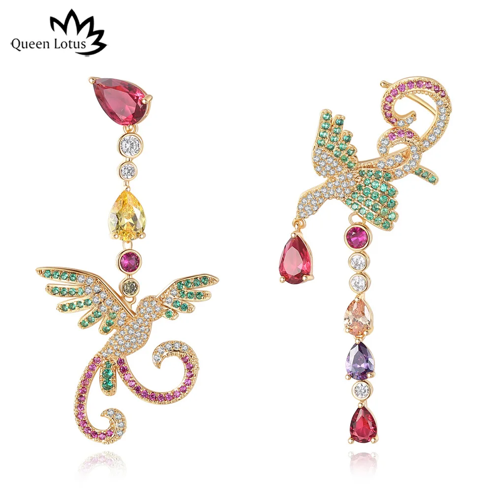 

Queen Lotus Vintage Dangle Earrings for Women Colorful Phoenix Bird Crystal Drop Earrings Jewelry Asymmetric Earrings Adornment