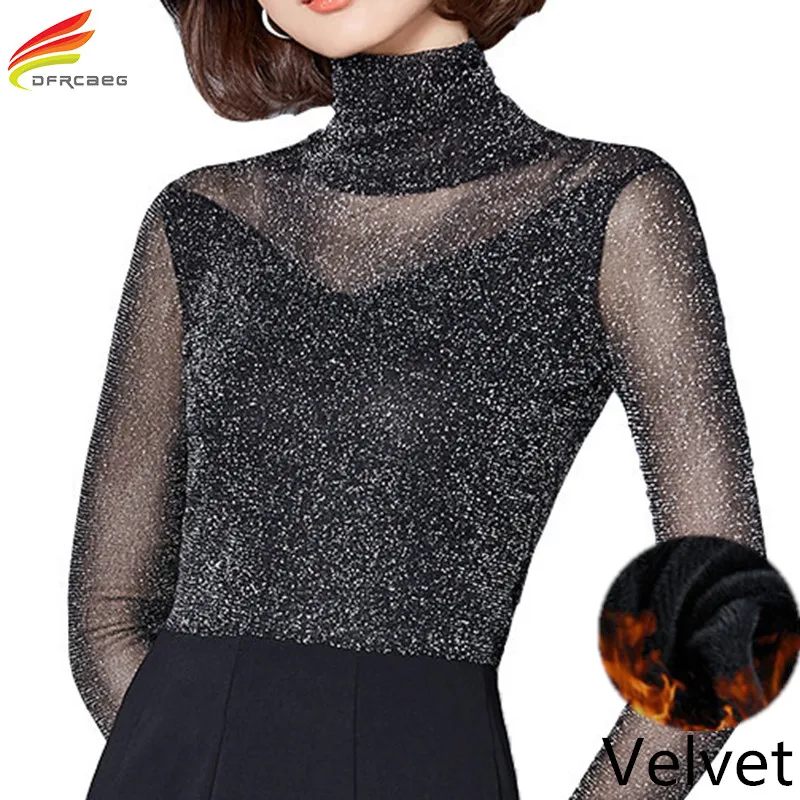 Blusas de encaje 2018 Otoño Invierno Camisa Cuerpo de La de Manga Larga de Terciopelo Cuello Alto de Las Mujeres de La Blusa de Malla Delgado Ladies Tops|lace blouse|women