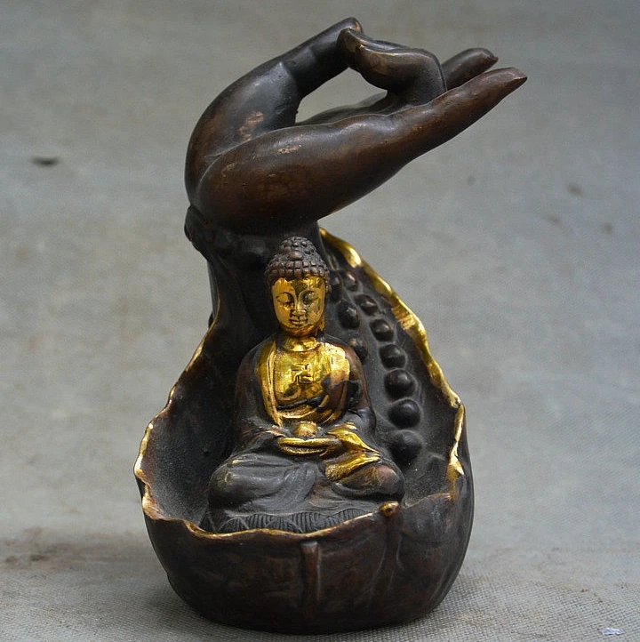 

Old China Pure Bronze Gilt Shakyamuni Amitabha Buddha Back Incense Burner Censer