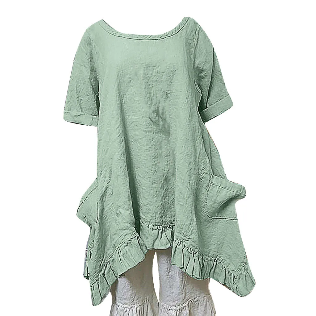 

FREE OSTRICH Women Shirts Pure Color Short Sleeve Cotton And Linen Easy Tops Plus Size Summer Casual Top Blouse Women Shirts