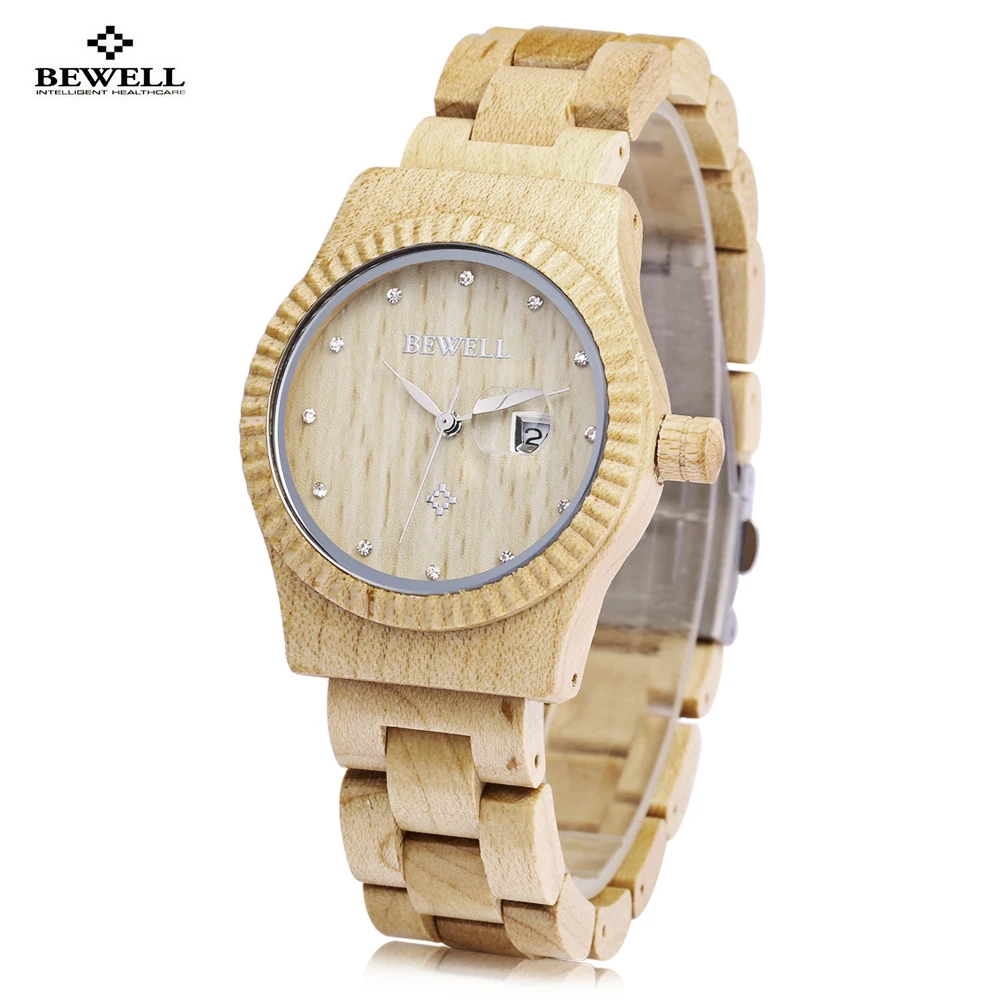 

Bewell ZS - W064A Women Wooden Quartz Watch Rhinestone Date Display Japan Movt Wristwatch