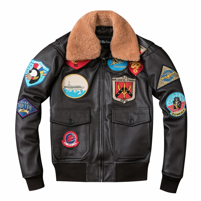 Buy 2018 Brown Men TOP GUN Pilot Leather Jacket Wool