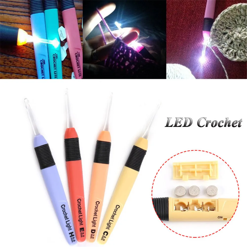 LED Light Crochet Hook Knitting Needle Sewing Weaving Tool DIY Craft Loom Tools Size 2.5mm 3mm 3.5mm 5mm Random Color