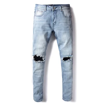 

European American Streetwear Men Jeans Light Blue Washed Elastic Ripped Jeans Men Hole Pencil Pants Fashion Hip Hop Jeans Homme
