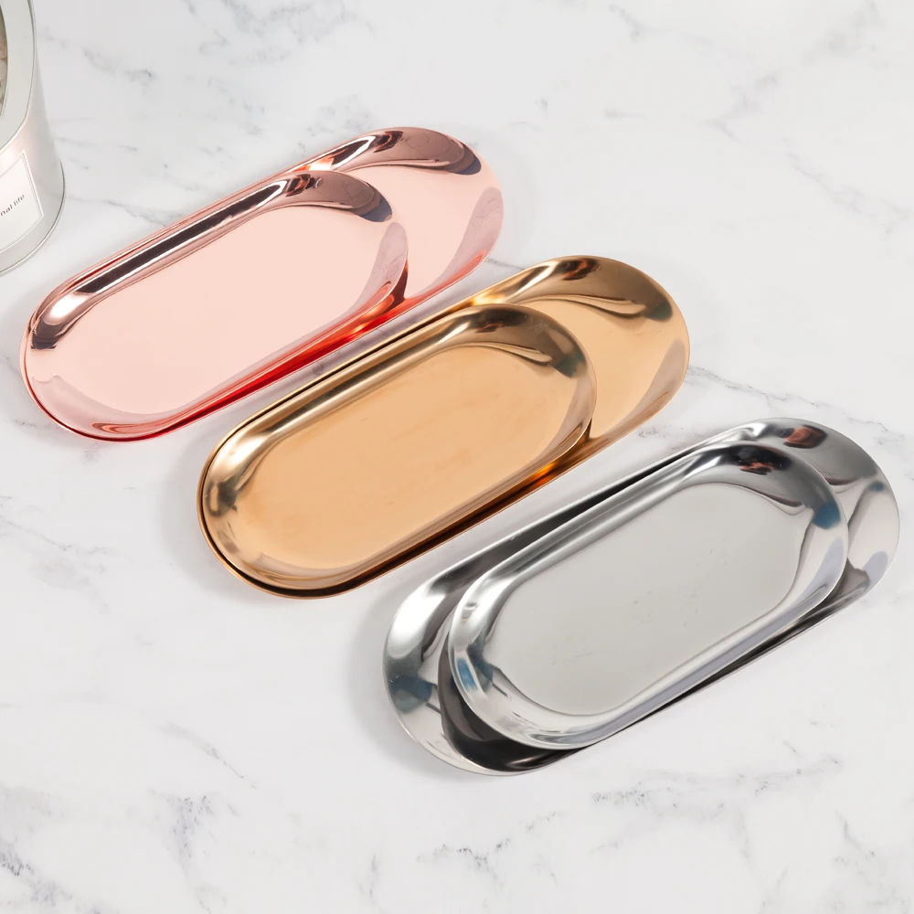 

Modern Metal Storage Trays Gold Silver Ellipse Tray Stainless Steel Jewelry Receive Tray Dessert Dish Plate Decorative Articles